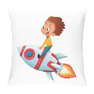Personality  Happy Boy Playing And Imagine Himself In Space Driving An Toy Space Rocket. Vector Cartoon Illustration. Isolated Pillow Covers