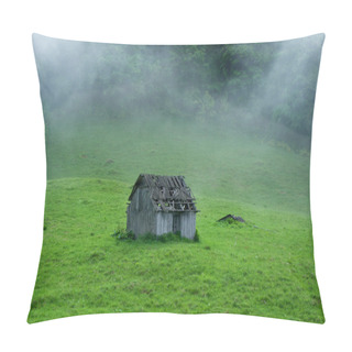 Personality  Small Old Wooden House In Foggy Forest. Mountains Scenery. Natur Pillow Covers