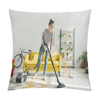 Personality  Happy Girl Cleaning Carpet With Vacuum Cleaner  Pillow Covers