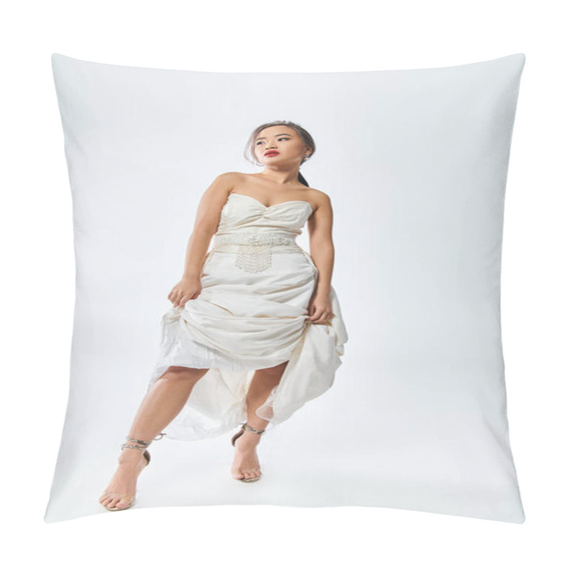 Personality  Attractive Asian Woman In White Elegant Outfit With Red Lips Lifted Her Dress And Looked To Side Pillow Covers