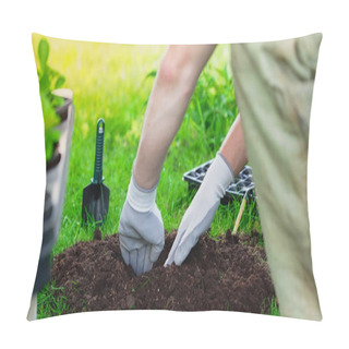 Personality  Cropped View Of Gardener Digging Soil Near Tools And Plants In Blurred Garden  Pillow Covers
