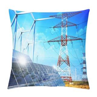 Personality  Renewable Energy Concept With Grid Connections Solar Panels And Wind Turbines Pillow Covers
