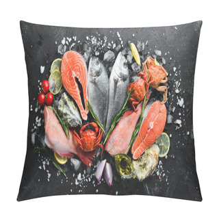 Personality  Seafood: Dorado, Salmon, Crab, Grouper, Oysters. On A Black Stone Background. Top View. Free Space For Your Text. Pillow Covers