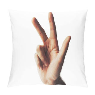 Personality  Cropped Shot Of Hand Showing Three Fingers Isolated On White Pillow Covers