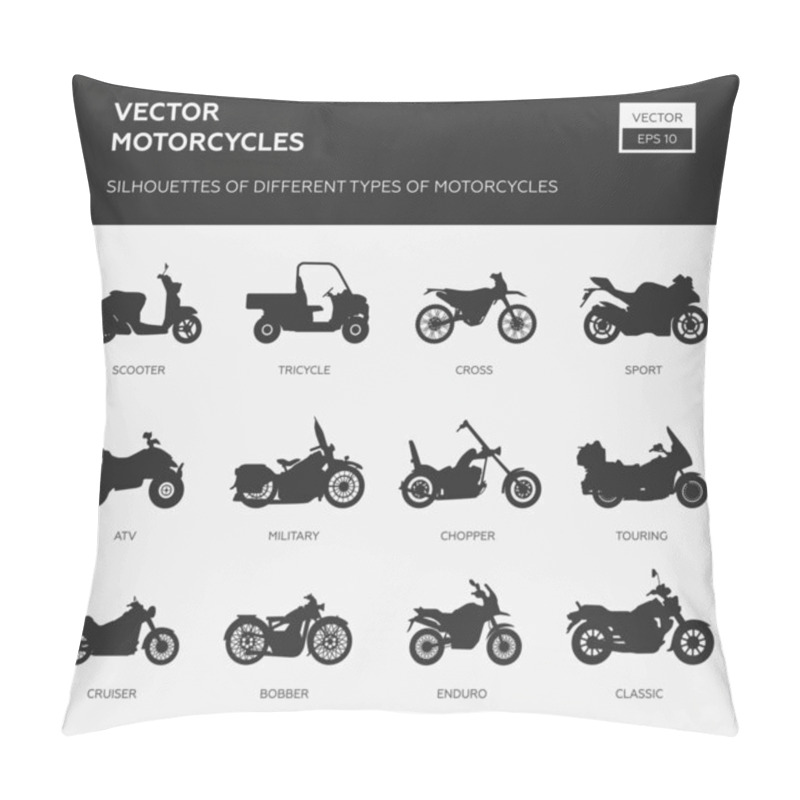 Personality  Motorcycle Icon Vector Logo Template. Side view, profile. Types of motorcycles pillow covers