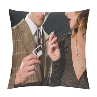 Personality  Cropped View Of Gangster Holding Lighter Near Woman With Cigarette  Pillow Covers