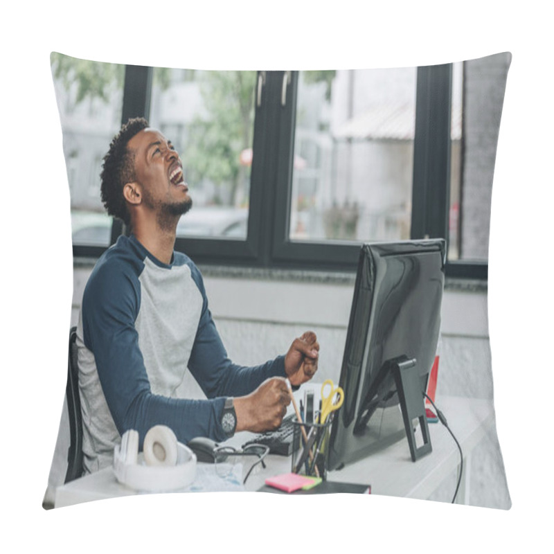Personality  Angry African American Programmer Gesturing While Sitting At Workplace In Office Pillow Covers