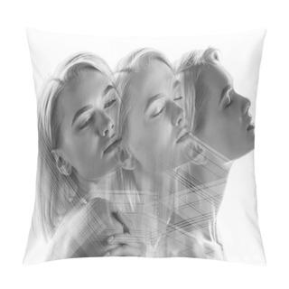 Personality  Multiple Exposure Of Attractive Blonde Woman Isolated On White Pillow Covers