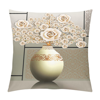 Personality  3d Illustration Vases .golden Tree Of Flowers And Light Background .canvas Art For Wall Frame . Pillow Covers