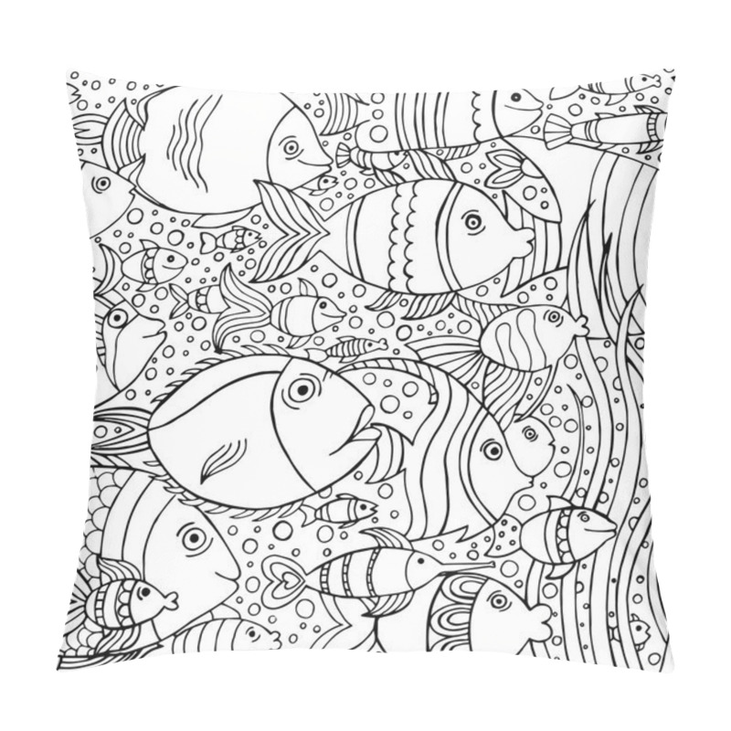 Personality  Hand drawn background with many fishes in the water. Sea life design for relax and meditation. Vector pattern black and white illustration can be used for coloring book pages for kids and adults. pillow covers