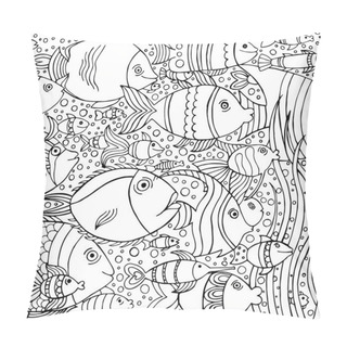 Personality  Hand Drawn Background With Many Fishes In The Water. Sea Life Design For Relax And Meditation. Vector Pattern Black And White Illustration Can Be Used For Coloring Book Pages For Kids And Adults. Pillow Covers
