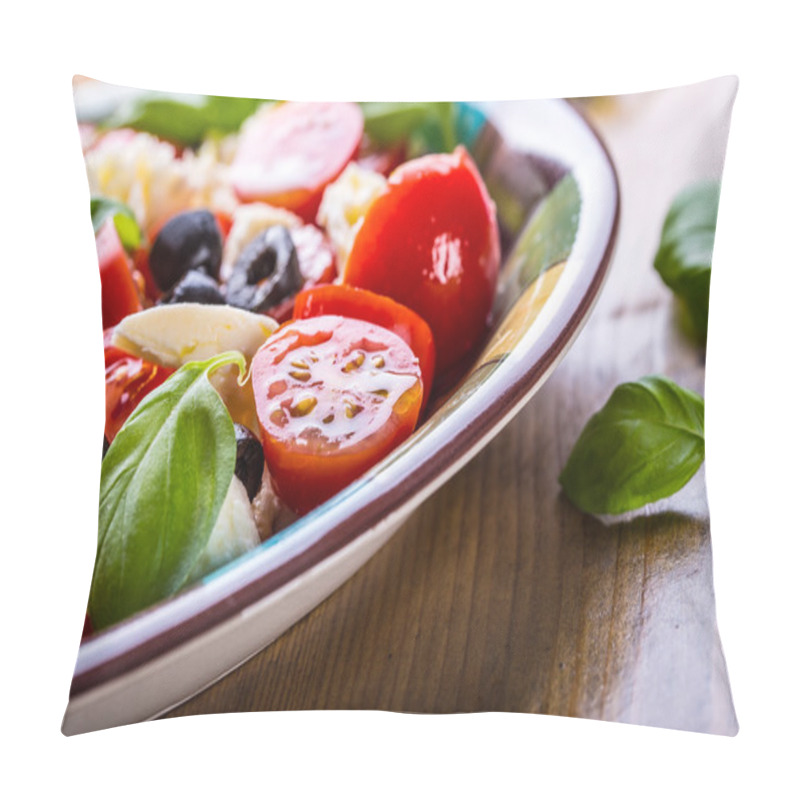 Personality  Caprese. Caprese Salad. Italian Salad. Mediterranean Salad. Italian Cuisine. Mediterranean Cuisine. Tomato Mozzarella Basil Leaves Black Olives And Olive Oil On Wooden Table. Pillow Covers
