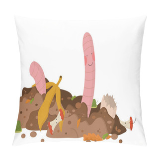 Personality  A Cute Worm With Pink Cheeks In The Ground, Next To It Lies Plant Waste: Banana Skin, Apple Core, Eggshell, Peelings. Concept Of Composting Organic Matter. Organic Farming. Utilization Of Organic Wast Pillow Covers
