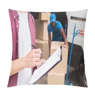 Personality  Cropped Image Of Customer Holding Clipboard Pillow Covers