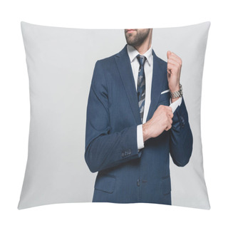 Personality  Cropped View Of Bearded Businessman In Blazer Adjusting Sleeve Isolated On Grey Pillow Covers