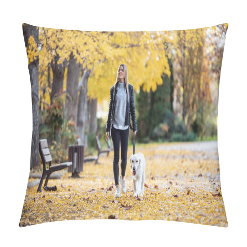 Personality  Shot Of Attractive Young Woman Walking With Her Lovely Golden Retriever Dog In The Park In Autumn. Pillow Covers