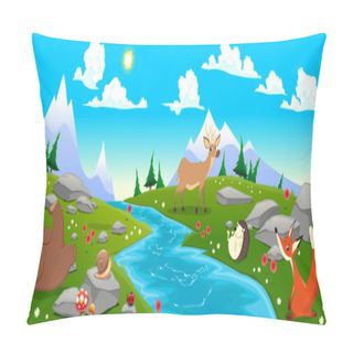 Personality  Mountain Landscape With River And Animals Pillow Covers