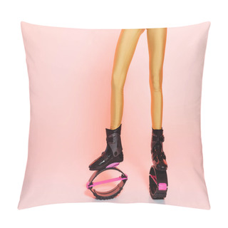 Personality  Jumping Boots, Cropped, Woman In Kangoo Jumping Shoes, Pink Background, Motivation And Energy  Pillow Covers