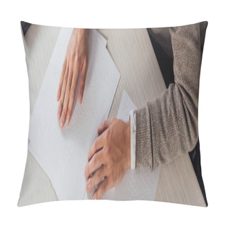 Personality  Cropped View Of Blind Man Reading Braille Font At Table, Panoramic Shot Pillow Covers