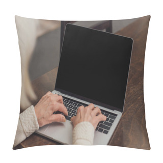 Personality  Cropped View Of Senior Woman Sitting At Table And Typing On Laptop With Blank Screen At Home Pillow Covers
