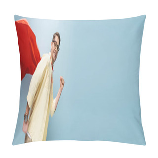 Personality  Cheerful Superhero In Glasses And Red Cape Standing With Clenched Fist On Blue, Banner Pillow Covers