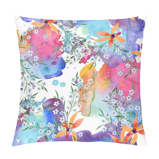 Personality  Blue And Orange Flowers. Watercolour Drawing Of Background With Orchids And Forget Me Nots. Pillow Covers