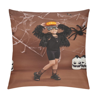 Personality  Happy Preteen Girl Holds Pumpkin On Her Head With Hands, Brown Backdrop With Spiderweb, Halloween Pillow Covers