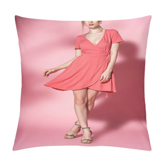 Personality  Fashionable Girl Posing In Summer Dress And Heeled Sandals On Pink Pillow Covers