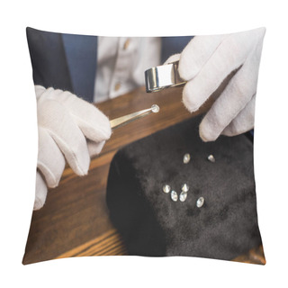 Personality  Close Up View Of Jewelry Appraiser Examining Gemstone In Tweezers With Magnifying Glass At Table Pillow Covers