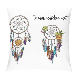 Personality  Set Of Hand Drawn Dream Catchers. Feathers, Beads And Flowers. Vector Illustration. Pillow Covers