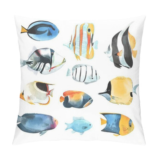 Personality  A Set Of Tropical Fish, In A Watercolor Style. Isolated On White Background Pillow Covers