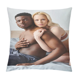 Personality  A Multicultural Couple Lies Together Naked On A Bed, Displaying Intimacy And Vulnerability. Pillow Covers
