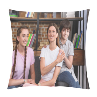 Personality  Happy Mother Sitting On Couch Between Son And Daughter At Home  Pillow Covers