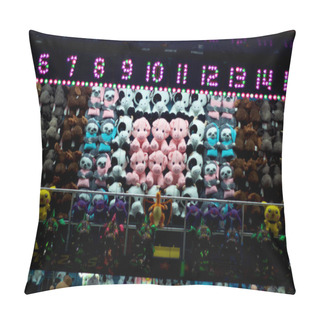 Personality  Rows Of Colorful Assorted Stuffed Animal Toy Prizes At Carnival Game At Amusement Park At Night. Pillow Covers