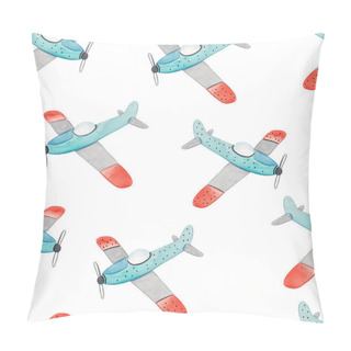 Personality Watercolor Cute Hand-drawn Seamless Repeating Children Simple Pattern With Aircraft In Scandinavian Style On A White Background. Kids Seamless Pattern With Planes. Funny Airplanes. Trendy Background. Pillow Covers