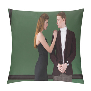 Personality  Side View Of Stylish Young Couple Of Models Dressed In Formal Wear Pillow Covers