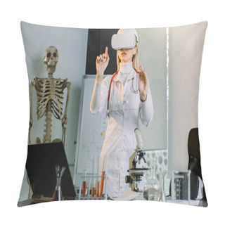 Personality  Woman Doctor, Virologist Or Scientist With Stethoscope Using VR Virtual Reality Glasses, Standing At A Table With A Laptop, Microscope, Flasks, Test Tubes. Human Skeleton And White Board On Background Pillow Covers