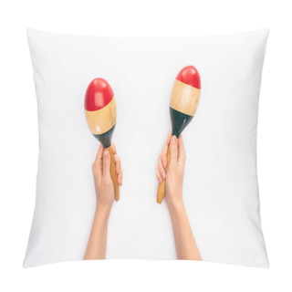 Personality  Cropped View Of Woman Holding Maracas On White Background Pillow Covers