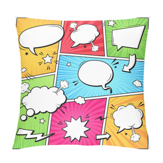 Personality  Comic Books Dialog Bubbles. Cartoon Book Superhero Scrapbook Page Template, Empty Comical Speech Clouds, Graphic Art Frame Vector Layout Template Illustration. Pop Art Background With Empty Balloons Pillow Covers