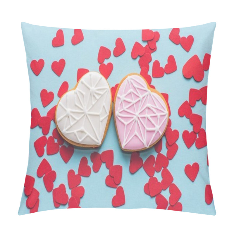 Personality  Top View Of Heart Shaped Cookies And Red Decorative Confetti Isolated On Blue Pillow Covers