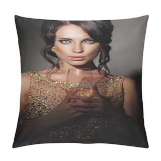 Personality  Woman With Holding Glass Of Wine. Pillow Covers