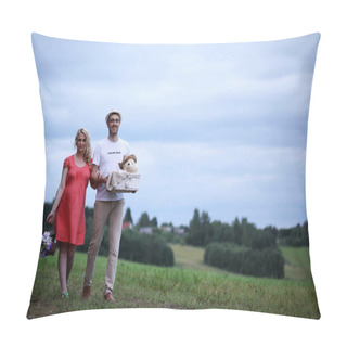 Personality  Pregnant Girl With Big Belly And Young Man Outdoor Pillow Covers