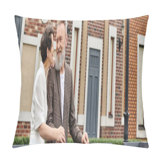 Personality  Happy Senior Couple, Man And Woman Standing Next To House, Looking At Each Other, Romance, Banner Pillow Covers