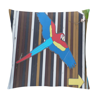 Personality  Colorful Parrot In Mid-flight Against A Striped Wooden Backdrop. Pillow Covers