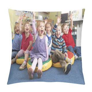 Personality  Group Of Pre School Children Answering Question In Classroom Pillow Covers
