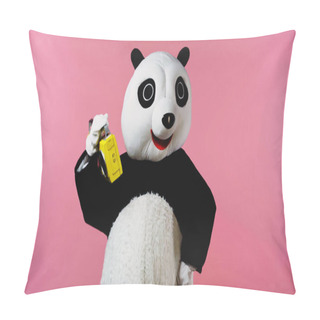 Personality  Person In Happy Panda Bear Costume Dancing With Boombox Isolated On Pink Pillow Covers