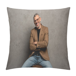 Personality  Bearded Businessman In Glasses Looking At Camera And Sitting With Crossed Arms On Grey  Pillow Covers