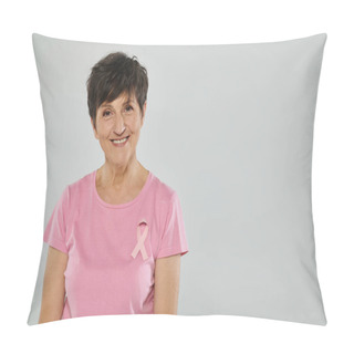 Personality  Breast Cancer Awareness, Happy Middle Aged Woman With Pink Ribbon, Grey Backdrop, Portrait Pillow Covers