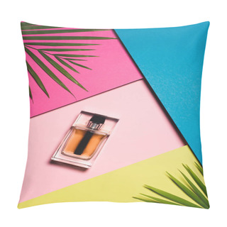 Personality  Top View Of Bottle Of Perfume On Colorful Surface With Palm Leaves Pillow Covers