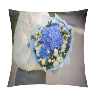 Personality  Girl In The White Sweather Holding In Her Hands Bouquet Of Tender Blue Flowers In Blue Paper Pillow Covers